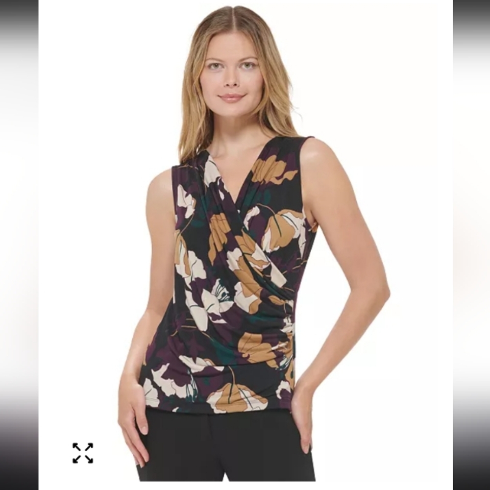 NWT | Calvin Klein | Multicolor Floral V Neck Wrap Blouse | Sleeveless | Size L